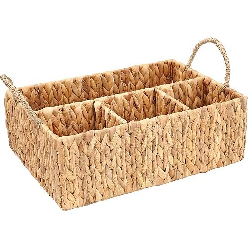 Wicker Divided Storage Basket Woven Natural Basket Hyacinth for Organizing Bathroom Kitchen Shelves Office Supplies Organization Everyday Wicker Storage Baskets 4 Section Rectangular Tray