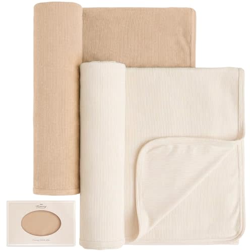 Konssy Knit Baby Blanket 2 Pack, Soft Ribbed Swaddle Receiving Blankets for Boys & Girls, Lightweight Cozy Swaddling Wrap for Newborns, Infants, & Toddlers, 33x42 Inch (Camel, Beige)