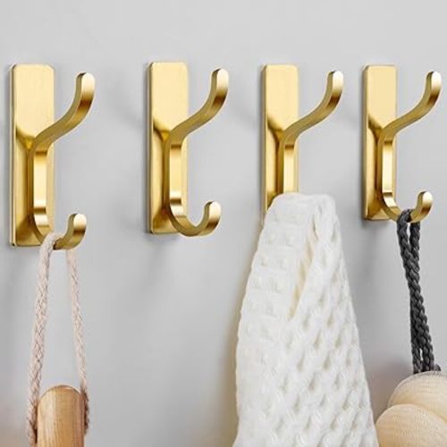 pickpiff Gold Adhesive Wall Hooks for Hanging - Heavy Duty 13 lb Sticky Towel Hooks for Bathroom, Door, Closet, Dorm, RV, or Kitchen, Metal Hanger for Coats, Bags, Keys, Purse, Jacket, Clothes