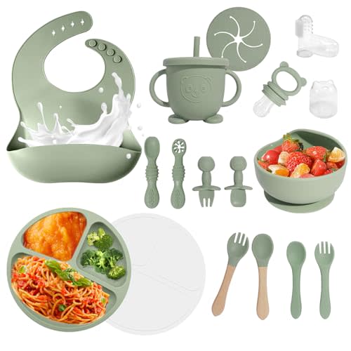 Baby Led Weaning Supplies, 17 Piece BPA-Free Silicone Feeding Set, Eating Essentials Baby Utensils with Suction Plate and Bowl, Pocket Bib, Sippy Cup with Lid, for 6+ Months, Green