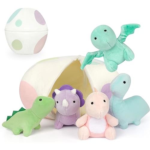 Plush Dinosaur Stuffed Animals, 5 PCS Dino Plush Toys and Egg Bag Set, Cute Small Dinosaur Plushie Toy for Kids Toddlers Boys, Birthday, Dino Party Favors