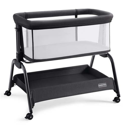 HARPPA Bassinet Bedside Sleeper, Bedside Bassinet with Storage & Wheels for Infants, Black