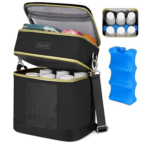 Mancro Breastmilk Cooler Bag with Ice Pack, Double Layer Breast Milk Cooler Bag Fits 6 Bottles Up to 9 Ounces, Leafproof Insulated Baby Bottle Bag for Nursing &Working Mom