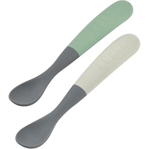 BEABA Baby's First Foods Spoon Set with Travel Case, Two Tone Soft Silicone Baby Spoons, Travel Set, Mineral