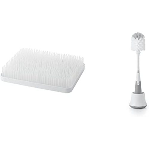 Boon Lawn Countertop Drying Rack,White, 13.5x11x2.5 Inch (Pack of 1) & OXO Tot Bottle Brush with Nipple Cleaner and Stand - Gray