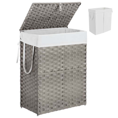 edx Laundry Basket with Lid, 90 L Hand-Woven PP Rattan Laundry Basket with Handle, Foldable, Removable Liner, Gray