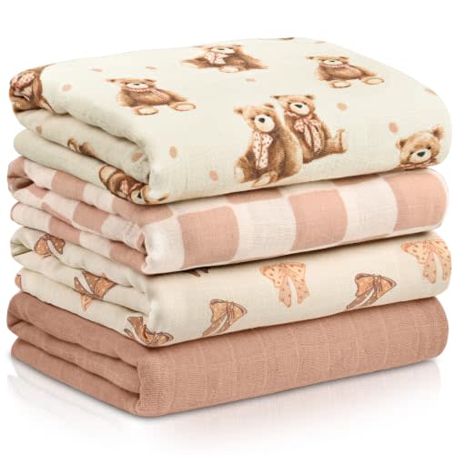 4-Pack Muslin Swaddle Blankets for Newborns | 100% Cotton Breathable Soft Muslin, Large 31.5"x43.3" | Multi-Use Stroller Sunshade Nursing Cover & Receiving Blanket, Bear Checkered
