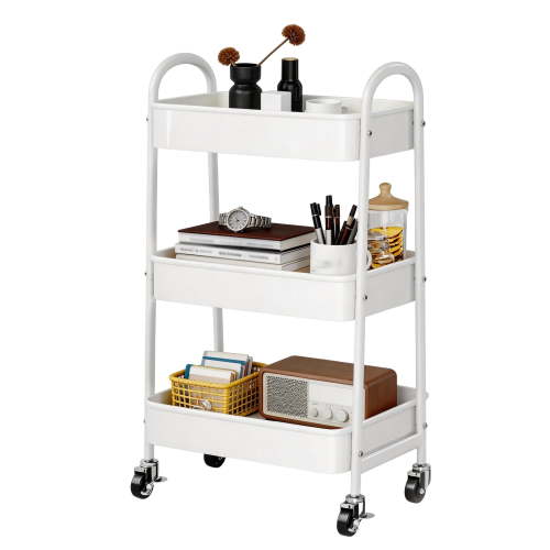 3-Tier Rolling Storage Cart, Metal Utility Organizer Cart, Metal Mesh Rolling Storage Cart with Lockable Wheels, Utility Organizer Cart for Kitchen, Bathroom, Laundry Room, Office & Narrow Spaces