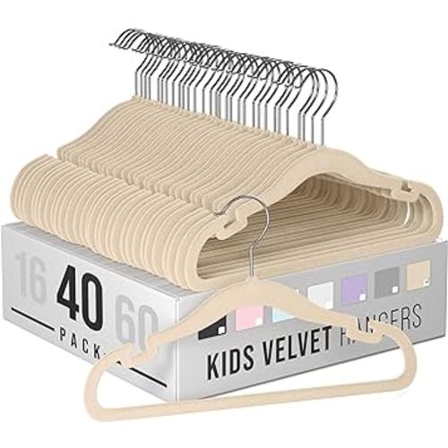 Clothes Baby Hangers for Closets - Unique Notches for Non Slip. Heavy-Duty Velvet Kids & Toddler Hangers for Closet | Ultra Thin Design for Space Saving. Ganchos De Ropa para Bebe (40 Pack Beige)