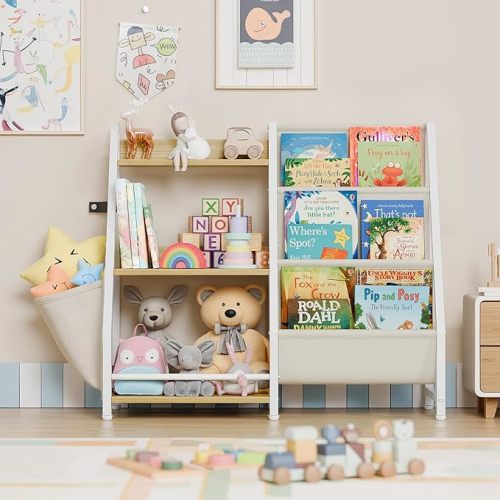 LATIBELL 3 Tier Kids Bookshelf and Toy Storage, Kids Bookcase Book Sling Shelf, Montessori Baby Toddler Bookshelf, Toy Storage Organizer, for Playroom, Bedroom, Nursery (Burlywood)