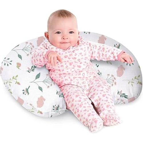 Little Grape Land Nursing Pillow, Soft 100% Cotton Breastfeeding Pillow with Breathable Muslin Cotton Removable Cover, Pink Bunny Breast Feeding Pillows for Babies 0-12 Months with Protective Zipper