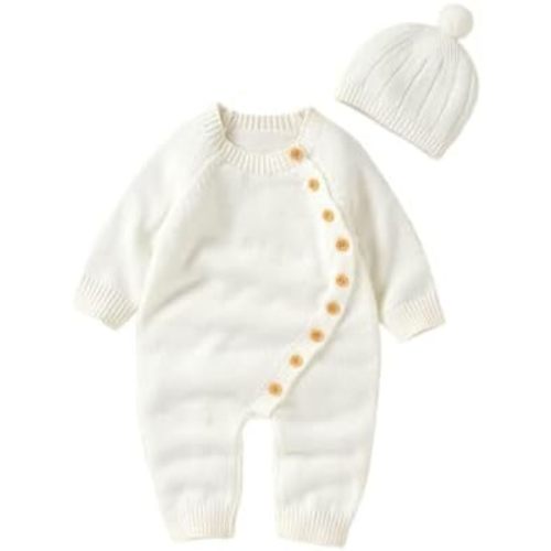 Newborn Baby Boy Girl Footie Romper Waffle Knit Side Button Jumpsuit Infant Sweater Coverall with Hat