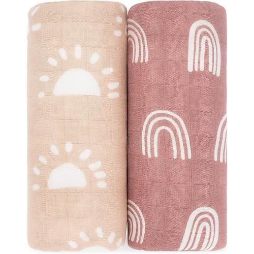 Comfy Cubs Muslin Swaddle Blankets Pack of 2-47 x 47 Inch Soft Cotton Baby Blanket Set, Large Multipurpose Wraps for Newborns - Nursing Cover, Sun and Rainbow