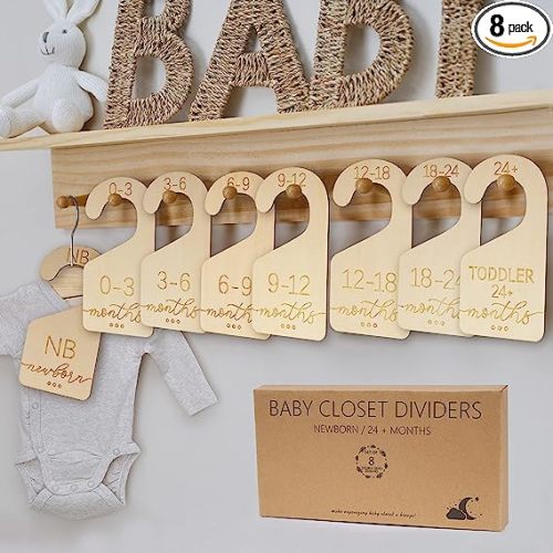 Onyiboer Baby Closet Dividers for Clothes Organizer - Set of 8 Beautiful Wooden Double-Sided Baby Clothes Size Organizer from Newborn to 24 Months for Nursery Decor