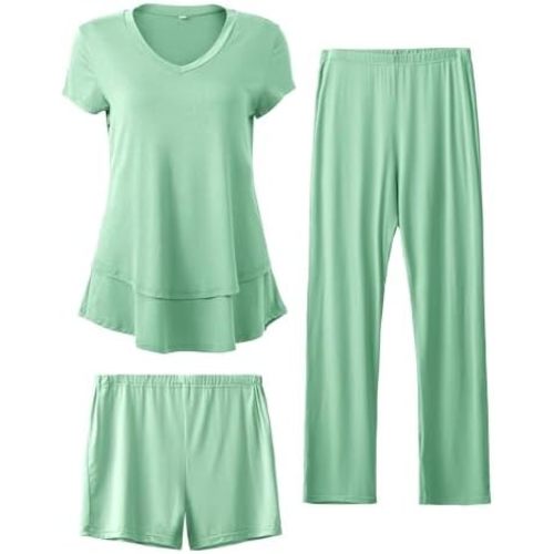SUNNYBUY 3 PCS Maternity Breastfeeding Pajamas Set, Hidden Nursing Tops, Adjustable Pregnancy Shorts & Pants Postpartum PJS