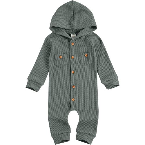 Ynibbim Winter Newborn Baby Boy Girl Solid Romper Unisex Infants Hooded Outfit Clothes Waffle Cotton Button Jumpsuits