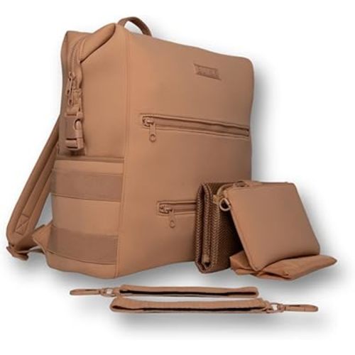 BUNSO Neoprene Diaper Bag, Minimalist Backpack Diaper Bag with Pouch, Changing Pad, and Stroller Straps, Water Resistant and Lightweight Baby Diaper Bag Backpack, Womens and Mens Diaper Bag, Khaki