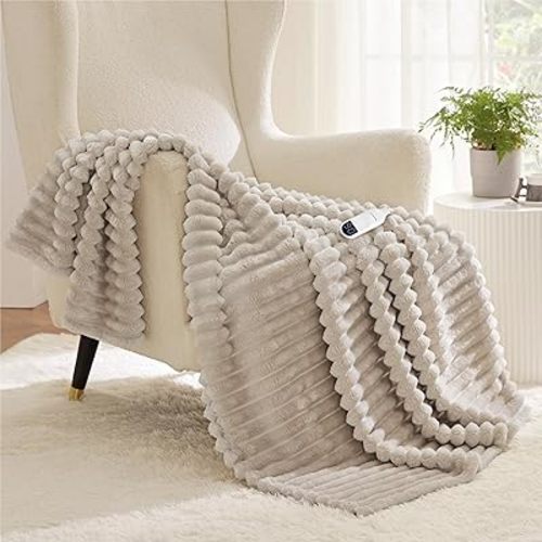 Bedsure Electric Blanket Twin - Thick Striped Flannel Electric Blanket, Heating with 10 Time Settings, 6 Heat Settings, and 8-Hour Timer Auto Shut Off, Gift for Grandma (62x84 inches, Linen)