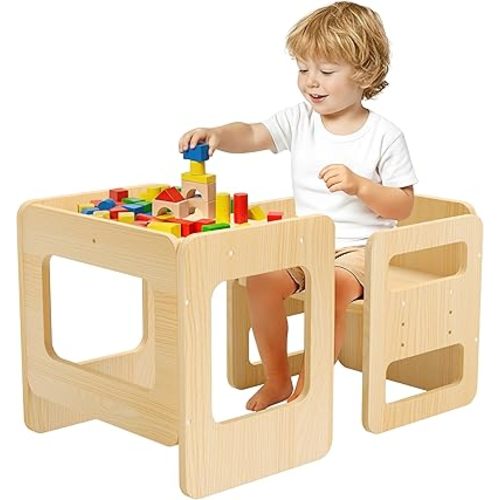 Tilhumt Montessori Weaning Table and Chair Set - 3 Adjustable Height Kids Activity Table with Fence Wood Toddler Table and Chair Set for 1-3 Age Kids for Read, Playing, Eating, Step Stool