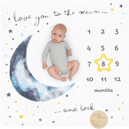 Pondering Pine Organic Baby Monthly Milestone Blanket for Boy or Girl - Moon Baby Month Blanket for Boys - Love You to The Moon and Back Blanket with Stars, 1-12 Months Milestones, 47”x47”