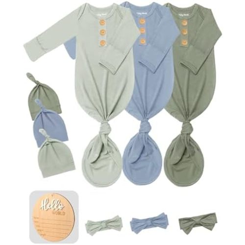 3 PK Baby Knotted Gowns Set with Mittens, Hats, Headbands & Wooden Name Tag for Breathable Newborns Going Home Outfit