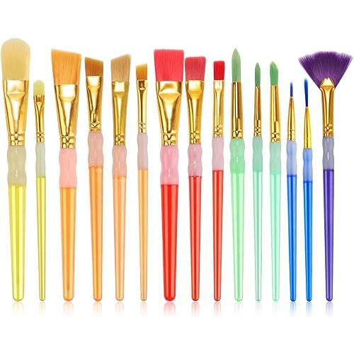 15Pcs Paint Brushes Value Pack, Includes 15 Different Types of Brushes, Nylon Colorful Hair with Silicone Crystal Penholder, Prefect Works with Oil, Acrylic and Watercolor Painting