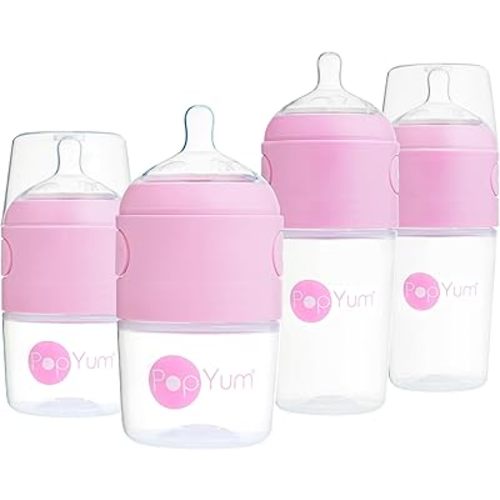 PopYum Pink Formula Making Baby Bottle Starter Set, 4 Bottles, 2X 5oz Bottles with #1 Slow Flow Nipples + 2X 9oz Bottles with #2 Medium Flow Nipples, Mixing, Dispenser