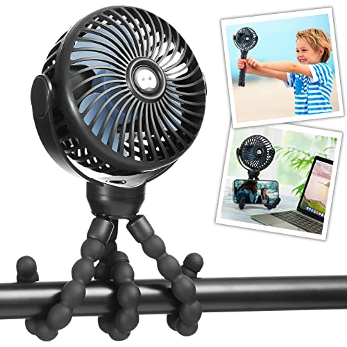 snawowo Mini Portable Baby stroller Fan, Battery Operated Personal Small Handheld Fan, 360° Rotate Flexible Tripod Rechargeable Clip On Fan for Car Seat Crib Bike Treadmill Travel Camping Black