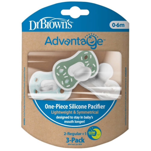 Dr. Brown's Advantage One-Piece Lightweight Silicone Pacifier Stage One, with one Glow-in-the-Dark Pacifier - 3pk