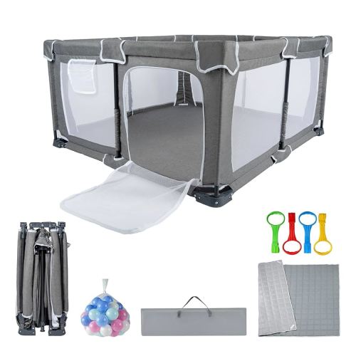 Foldable Baby Playpen 50"x50" ,Playpen for Babies and Toddlers with Mat,Foldable playpen with Door,Indoor and Outdoor Baby Fence Play Area (Grey (Cationic Fabric), Foldable 50"x50" with Mat)