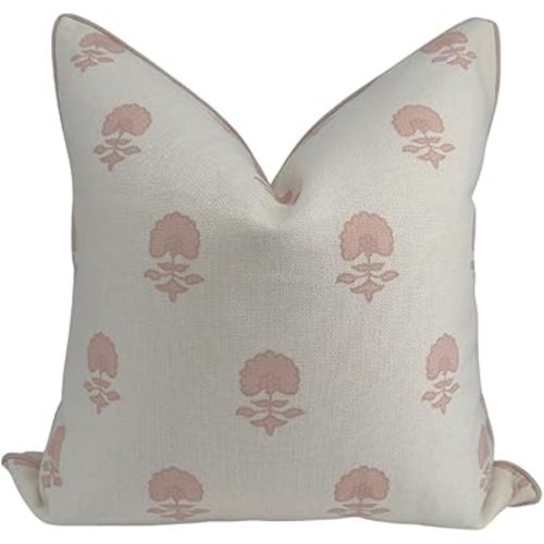 Lauderdale Pink Blockprint Pillow Cover Grandmillennial 20"x20" Pink Pillow Premium Fabric Throw Pillow for Home Floral Pillow Cover Grandmillennial Home Decor