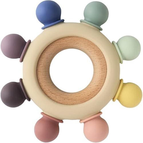 Baby Teething Toys Silicone Teethers BPA Free Silicone Rudder with Wooden Ring Soothe Babies Gums (8 Directions - Gray)