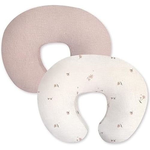 Little Grape Land Muslin Nursing Pillow Covers 2 Pack, 100% Cotton Removable Breastfeeding Pillow Covers, Feeding Pillow Slipcovers for Baby Boys & Girls, (Fog Flower & Rosy)