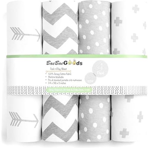 Pack n Play Sheets – Premium Pack and Play Sheets 4 Pack – 100% Super Soft Jersey Knit Cotton Playard Mattress Sheets – Portable Playpen Fitted Play Yard Mini Crib Sheet for Boy & Girl (24 x 38 x 5)