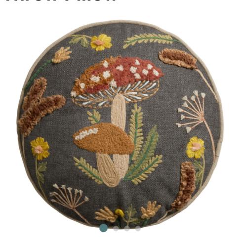 Round Charcoal Embroidered Mushroom Throw Pillow - World Market
