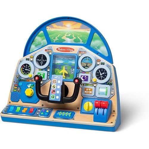 Melissa & Doug Jet Pilot Interactive Dashboard, Pretend Play Airplane Cockpit with Steering Yoke, Lights, Sounds, Buttons & Switches for Fidget Play, Wooden Toys for Kids Ages 3+ - FSC Certified