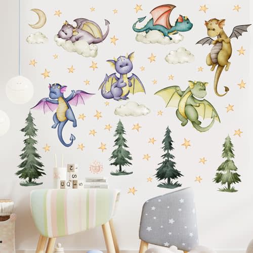 Resurhang Baby Dragon Wall Decals Stickers Moon Stars Clouds Forest Nursery Decor Dino Stickers Home Decorations for Baby Boys Girls Bedroom Kindergarten Daycare Classroom Wall Art Decor