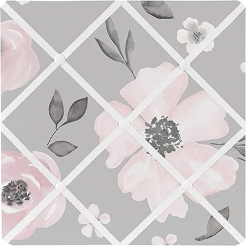 Sweet Jojo Designs Grey Watercolor Floral Fabric Memory Memo Photo Bulletin Board - Blush Pink Gray and White Shabby Chic Rose Flower Farmhouse