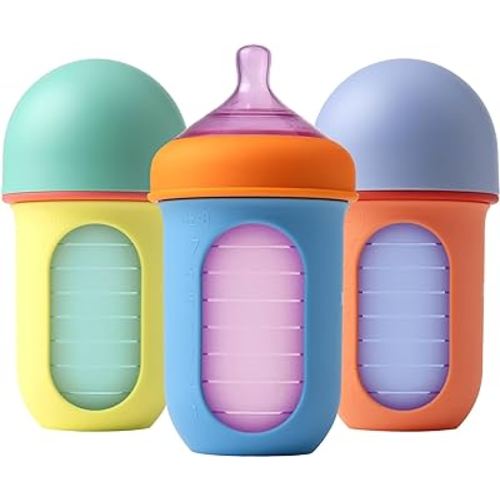 Boon Nursh Reusable Baby Bottle with Collapsible Silicone Pouch Design - Everyday Baby Essentials - Stage 2 Medium Flow Baby Bottles - Color Block - 8 Oz