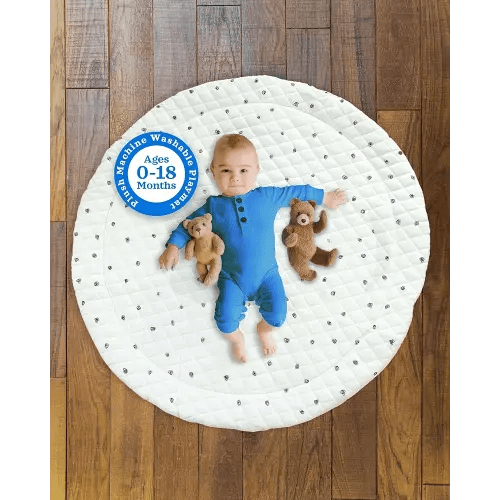 Poppyseed Play Baby Play Mat, Extra-Thick & Extra-Large Round Floor Pad, Designed for Tummy Time, Crawling, & Baby Activity Gyms, Foldable & Portable (Black Squiggle Dot, 43" Round)