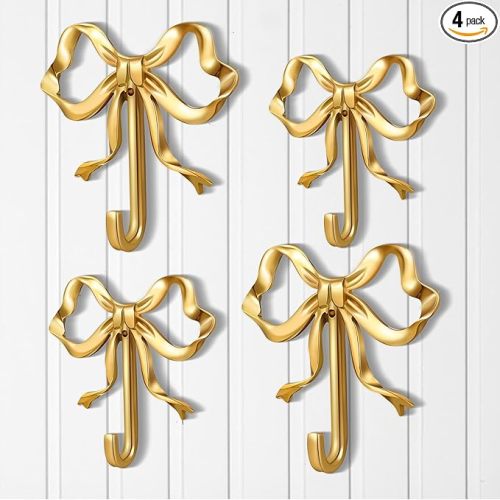 4 Pcs Gold Brass Bow Knot Wall Hooks, Modern Decorative Coat Hooks for Wedding Bathroom Kitchen Living Room Decor