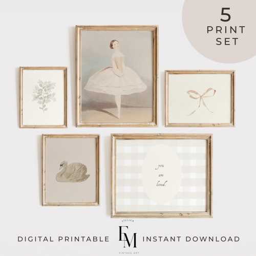 Ballerina Gallery Wall Art Set of 5 Girl Room Vintage Gallery Swan Sketch Ballerina Nursery Wall Decor Soft Powder Tone Print English Art