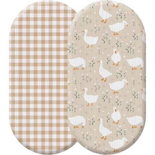 2 Pcs Muslin Silly Goose Khaki Gingham Bassinet Sheets,32'' X 16''