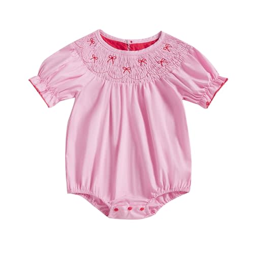 FIOMVA Toddler Baby Girl Clothes Summer Smocked Bubble Romper Embroidery Onesie Short Sleeve Bodysuit Cute Outfits