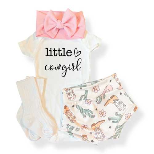Little Cowgirl Boots & Cowboy Hat Baby Bummies Set, Country Baby Girl Bummies and Bow, Newborn Baby Girl Outfit