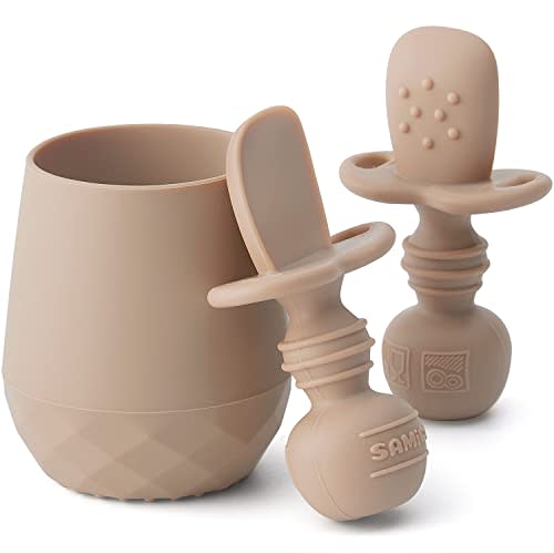 SAMiGO Silicone Baby Utensils - Self Feeding Spoons and Tiny Training Cup - First Stage Baby Led Weaning Supplies for 6 Months+ Infants - Set of 3