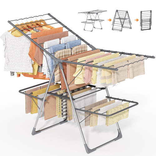 Sakugi Clothes Drying Rack, 2-Tier Foldable Laundry Drying Rack, 32 Rods, Gray, 55" x 22.8" x 36.5"