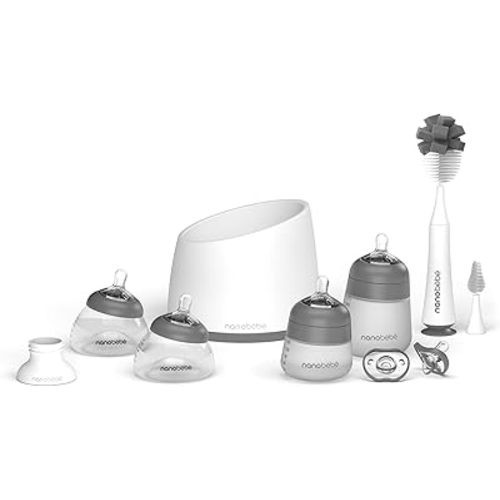 Nanobébé Breastmilk and Silicone Baby Bottle Complete Set Gen 2 with Anti-Colic Nipples, Bottle Brush, Pacifiers, Warmer, Pump Adapter - 5oz and 9oz - Grey