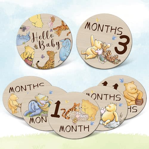 Winnie Baby Monthly Milestone Circles - The Pooh Bear Baby Stuff Wooden Discs for Baby Girl Boy - 7Pcs Double Sides Round Circles Signs for Newborn Photo Prop