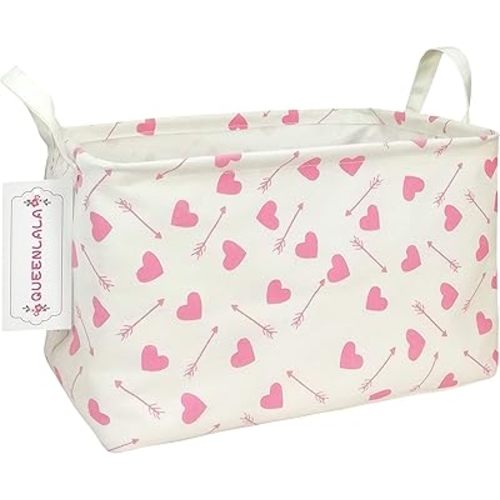 QUEENLALA Rectangular Laundry Hamper/Foldable Nursery Laundry Basket for Organizing/Storage Bin Baskets/Children Toy Office Bedroom/Toy Bin Closet Shelf Baskets(Rec-Pink-Heart Arrow)